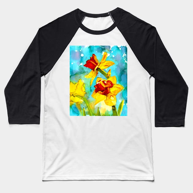 Spring - daffodils in alcohol ink painting Baseball T-Shirt by kittyvdheuvel